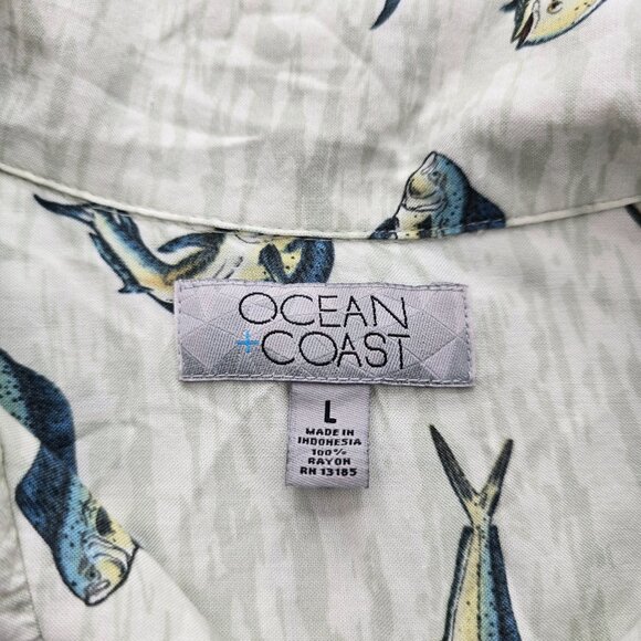 Ocean Coast Shirt Mens Large Beige Button Up Fish‎ Print AOP Rayon Camp Fishing - Picture 6 of 7